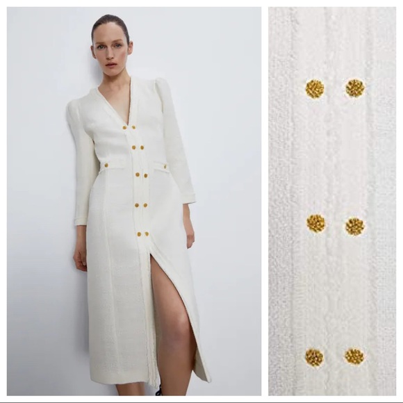 Nwt Zara White Tweed Midi Dress Size Xl 